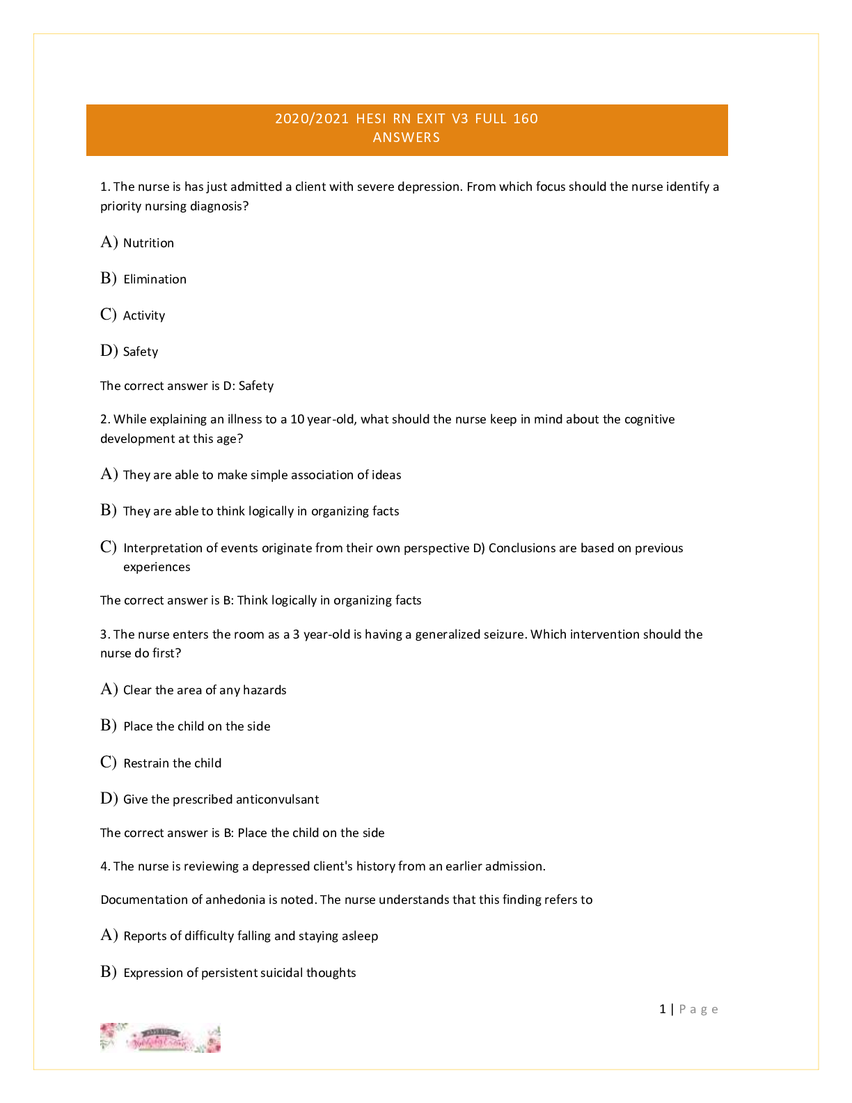 Preview of 2020/2021 HESI RN EXIT V3 FULL 160 ANSWERS